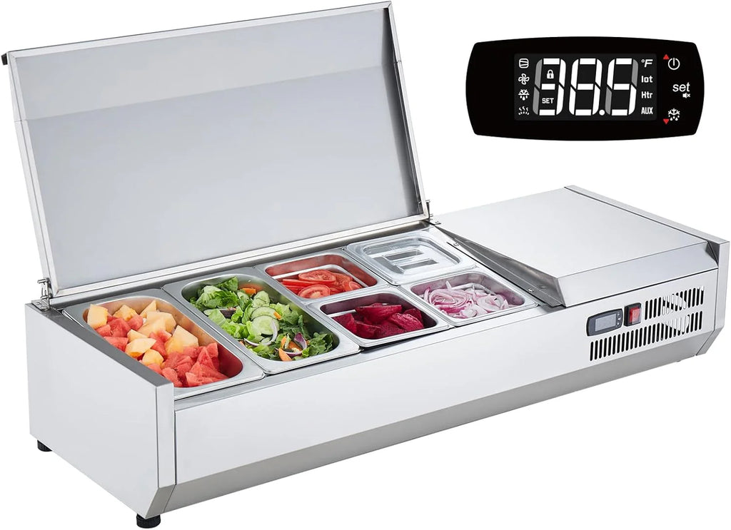 Refrigerated Condiment Prep Station, 135 W Countertop Refrigerated Condiment Station, with 2 1/3 Pans & 4 1/6 Pans, 304 Stainless Body and PC Lid, Sandwich Prep Table with Stainless Guard, ETL