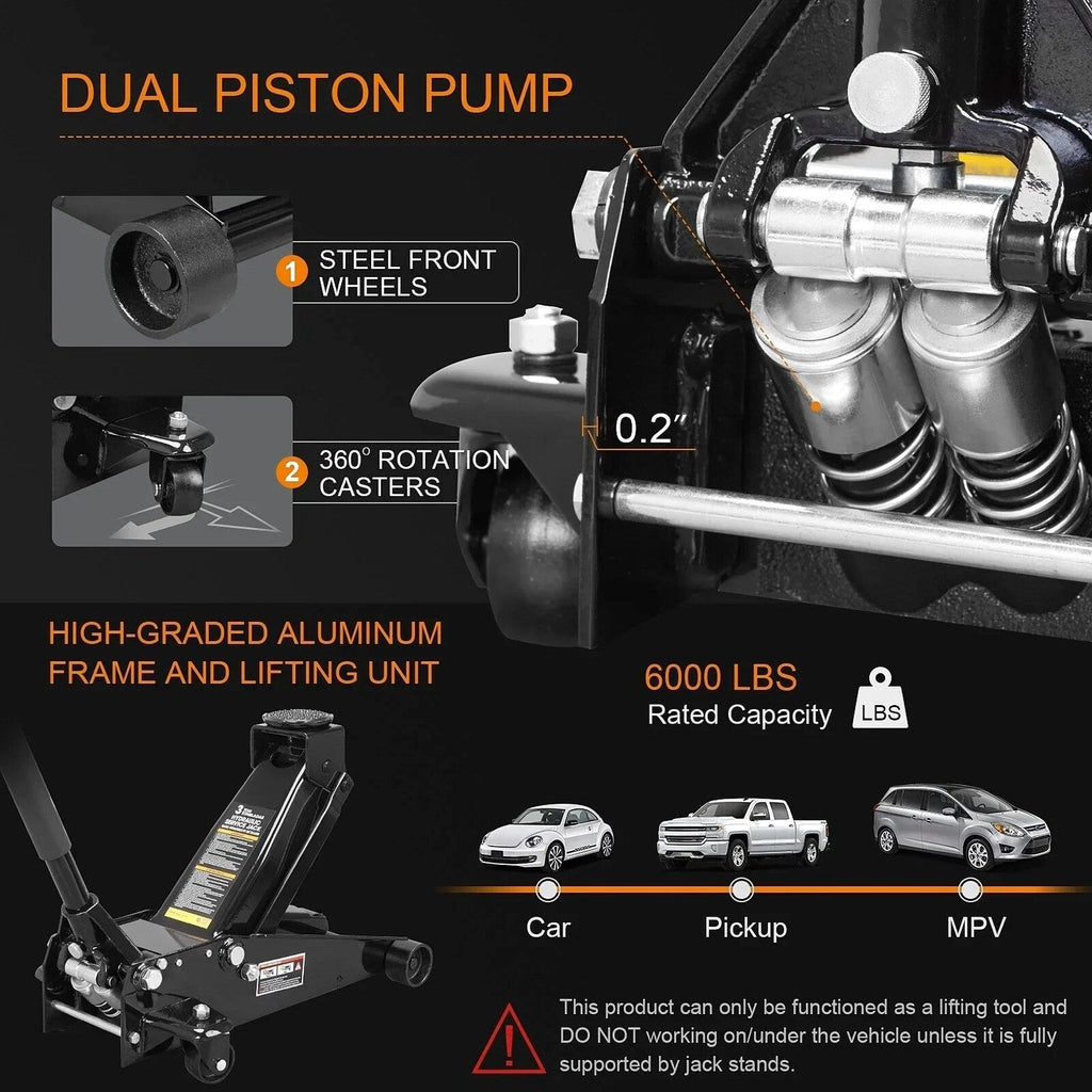 3 Ton Floor Jack Hydraulic Heavy Duty Steel Car Jack with Quick Lift Dual Pump,Black,W8303-B