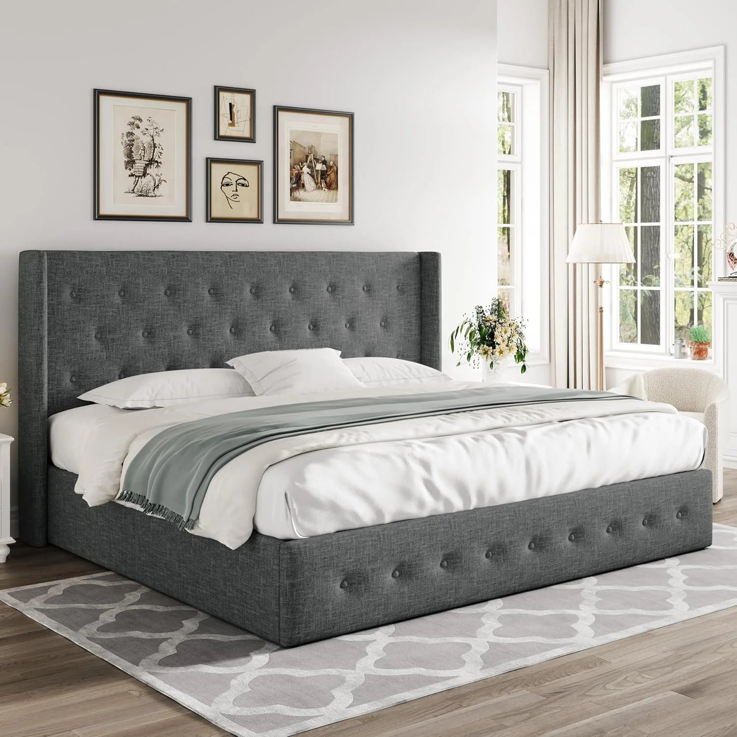 Allewie Queen Size Lift Up Storage Bed, Modern Wingback Headboard, Hydraulic Support, No Box Spring Needed, Light Beige