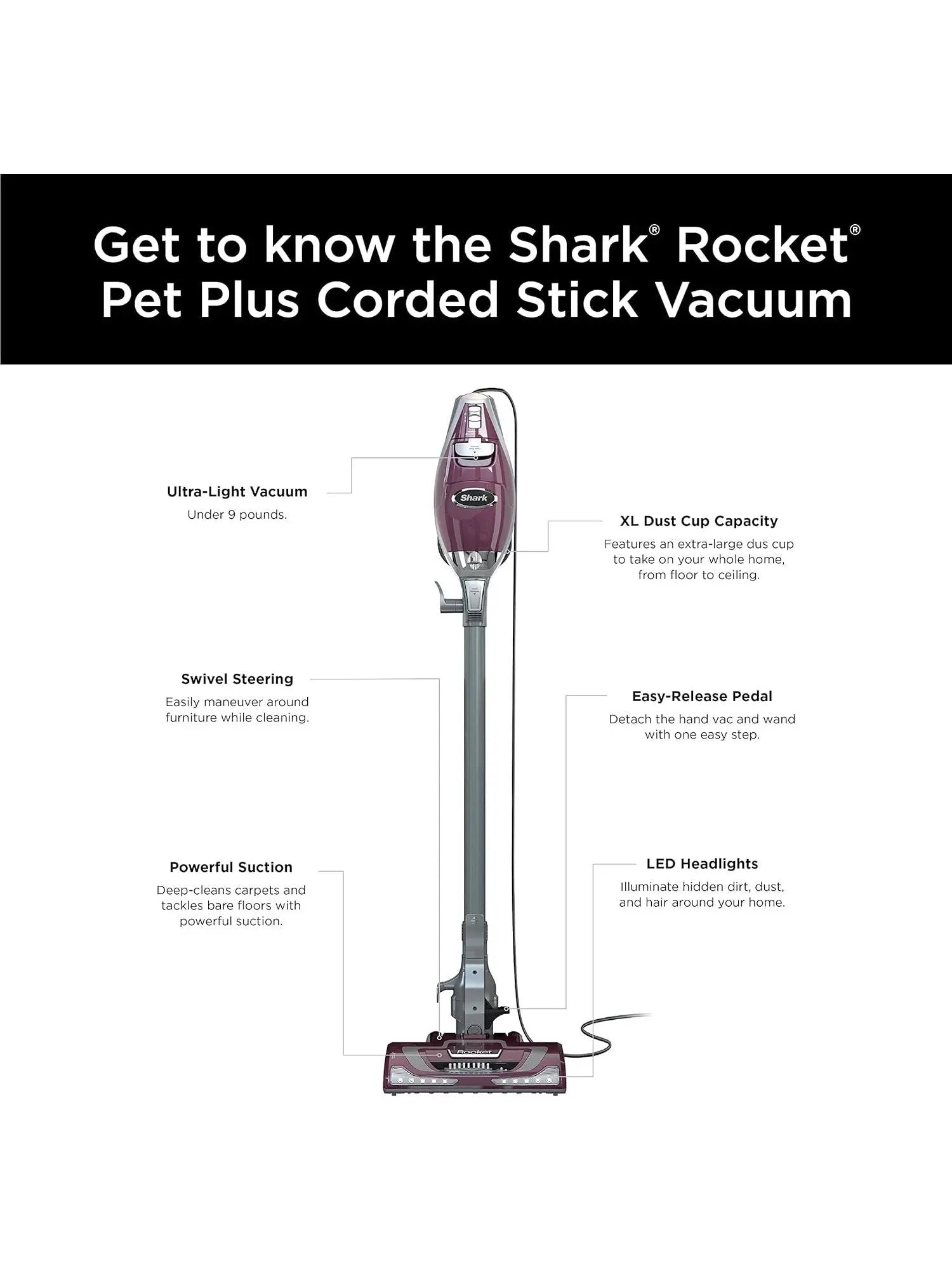 Shark HV322 Rocket Deluxe Pro Corded Stick Vacuum with LED Headlights, XL Dust Cup, Lightweight, Perfect for Pet Hair Pickup, Converts to a Hand Vacuum, with Pet Attachments, Bordeaux/Silver