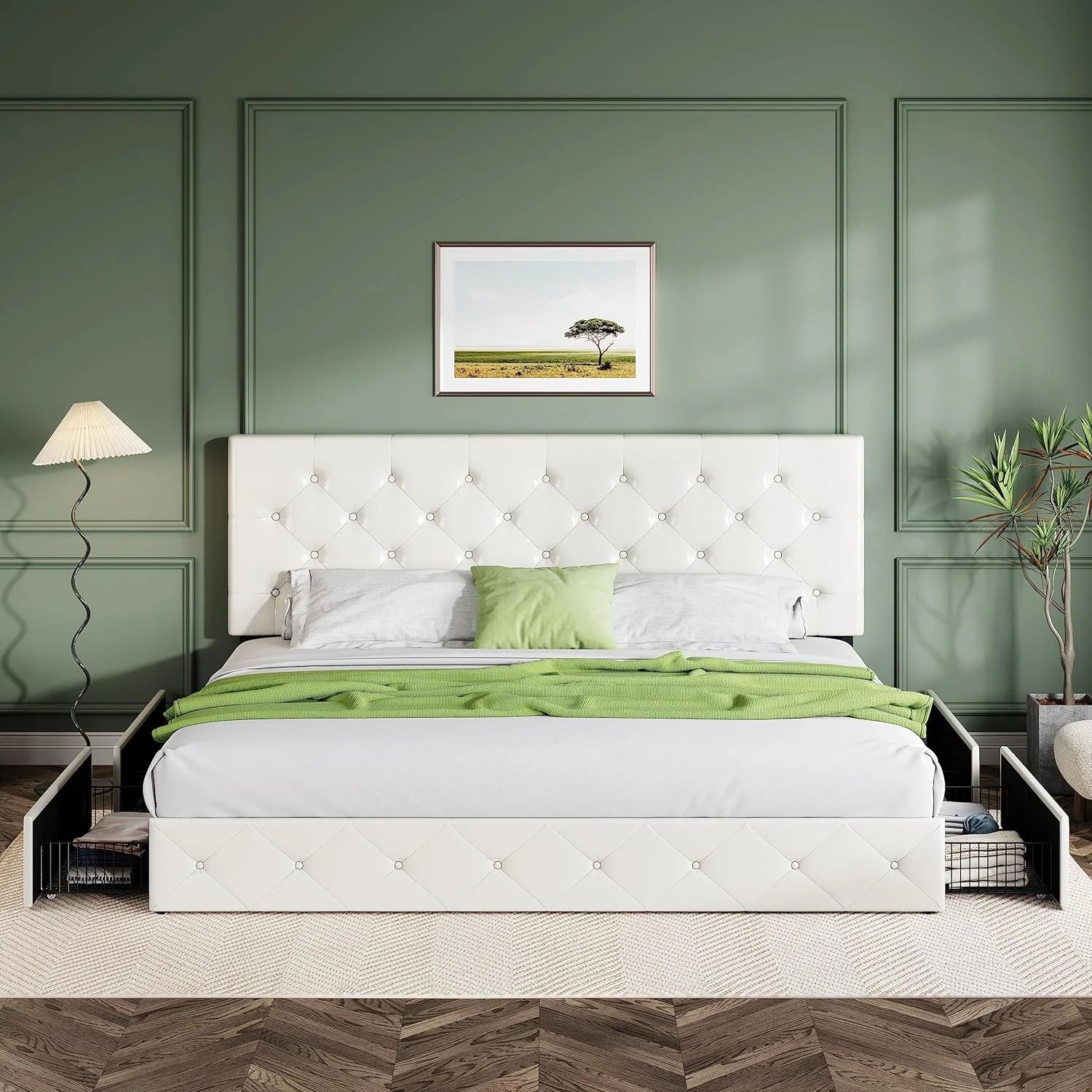 Allewie Upholstered Queen Size Platform Bed Frame with 4 Storage Drawers and Headboard, Square Stitched Button Tufted, Mattress Foundation with Wooden Slats Support, No Box Spring Needed, Light Grey