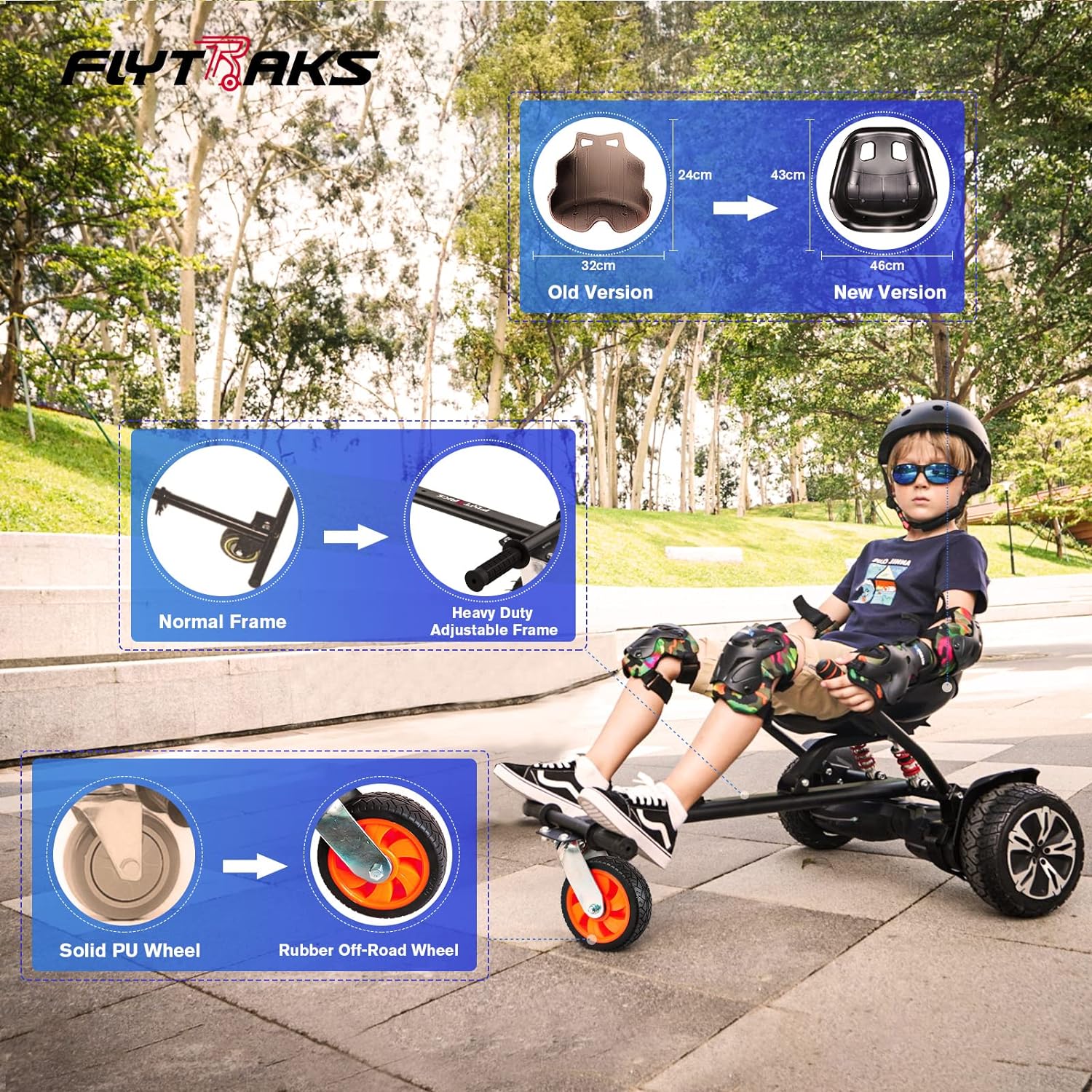 Hoverboard Go Kart with Rear Shock Absorption, Hoverboard Seat Attachment Accessory for 6" to 10" Hoverboard, Adjustable Frame Length & Off-Road Rubber Wheel (Not Including Hoverboard