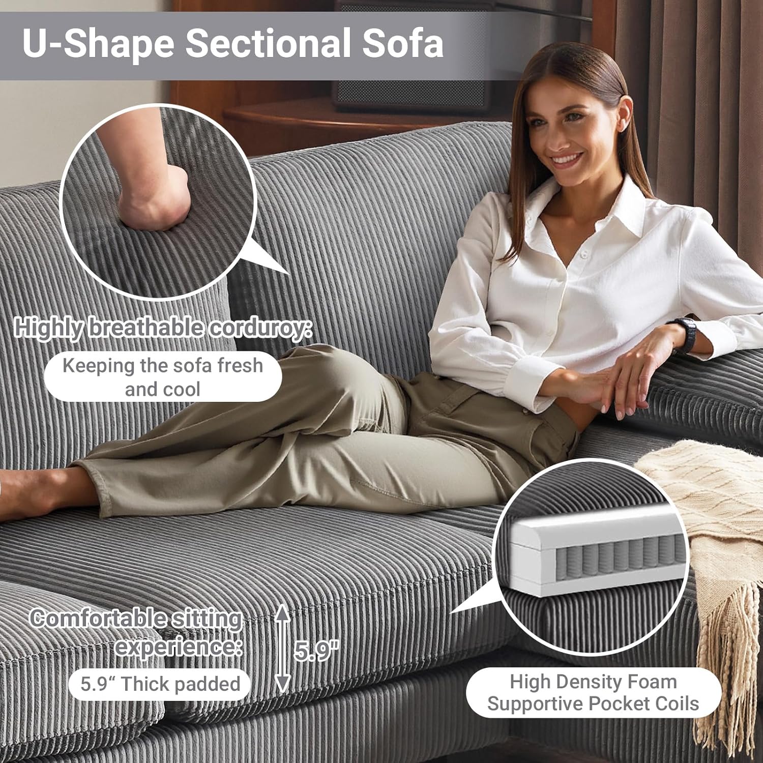VINGLI 110" Sectional Couches for Living Room,U Shaped Couch with Double Chaise, 4-Seat Sofa Set with Chenille Fabric for Home Furniture,Beige