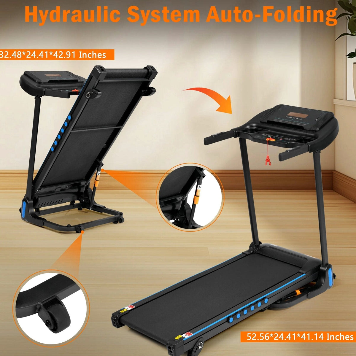 VLDTDRDI 500LBS 3.5HP Folding Treadmill with USB Charge Station,10Mph Electric Treadmil with Incline,Bluetooth Speaker,Device Holder and Pulse Sensor,Running Walking Exercise Machine
