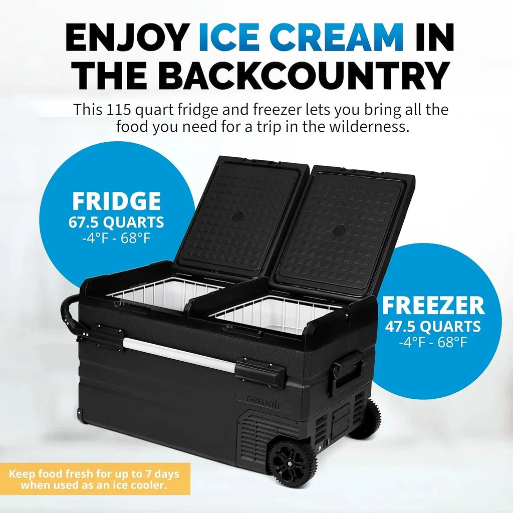 48 Qt. Portable 12v Electric Cooler with LG Compressor, Fridge and Freezer, Rugged Wheels, and Solar Power Input, Perfect Plug-In Cooler for Camping, Trucks, Travel, Car and Home