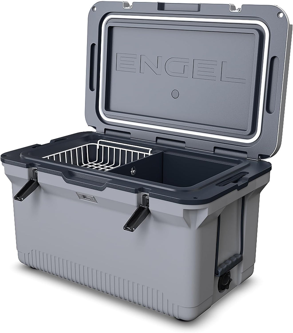 60 QT Ultra-Light Injection Molded Cooler - Ice Chest Keeps Ice up to 7 Days - Large Cooler Includes Wire Basket, Divider and Built-in Bottle Opener