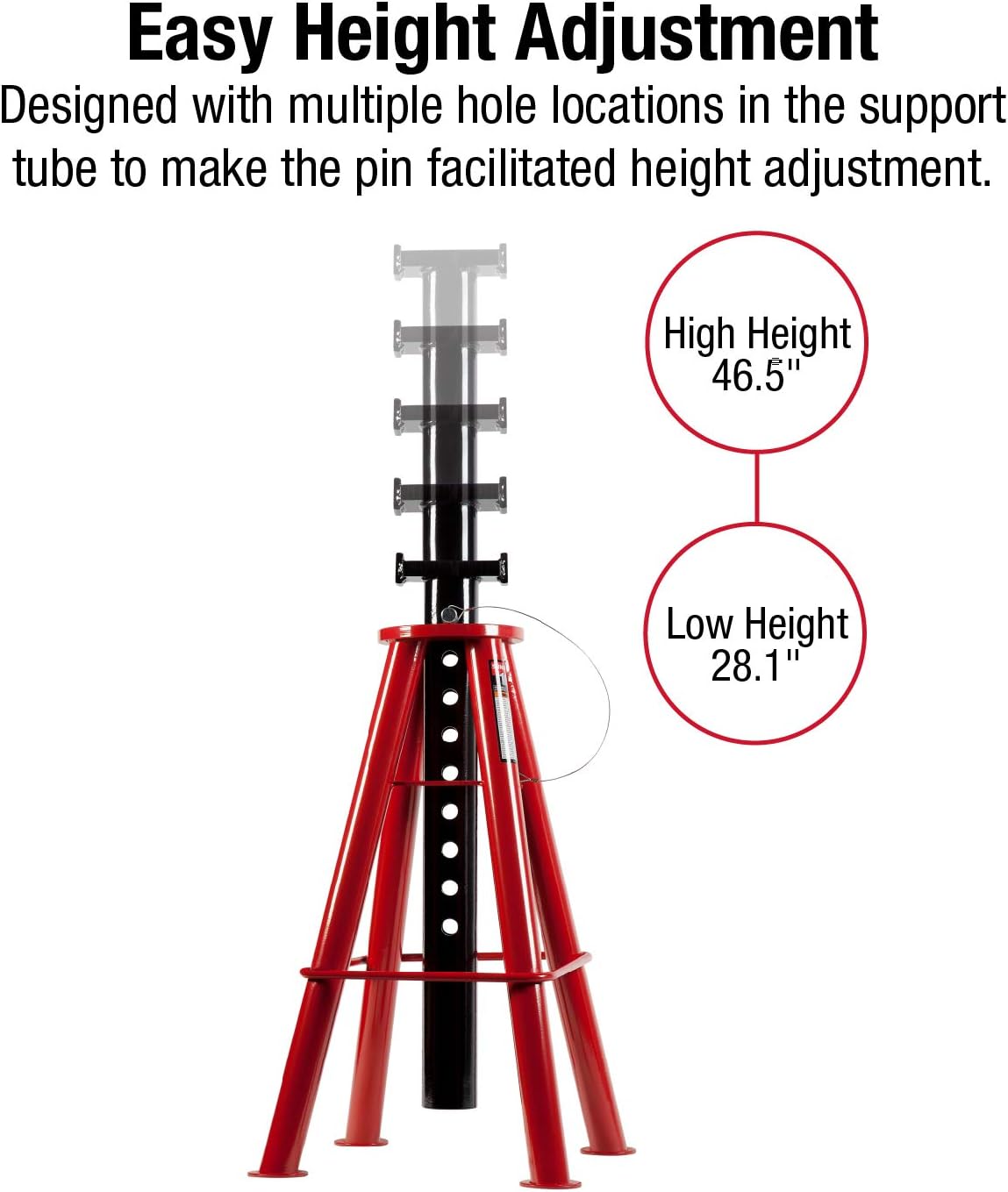 10-Ton Medium Height Pin Type Jack Stands, Pair, Red