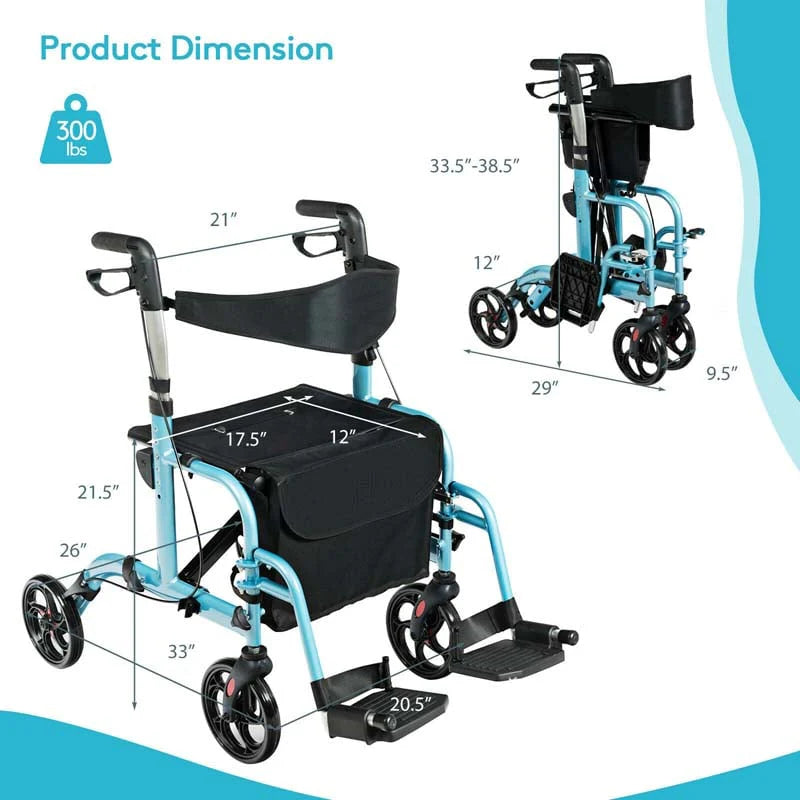 2 In 1 Rollator Walker Wheelchair Folding Medical Walker Aluminum Transport Chair Mobility Walking Aid - Comfortable And Ergonomic Design