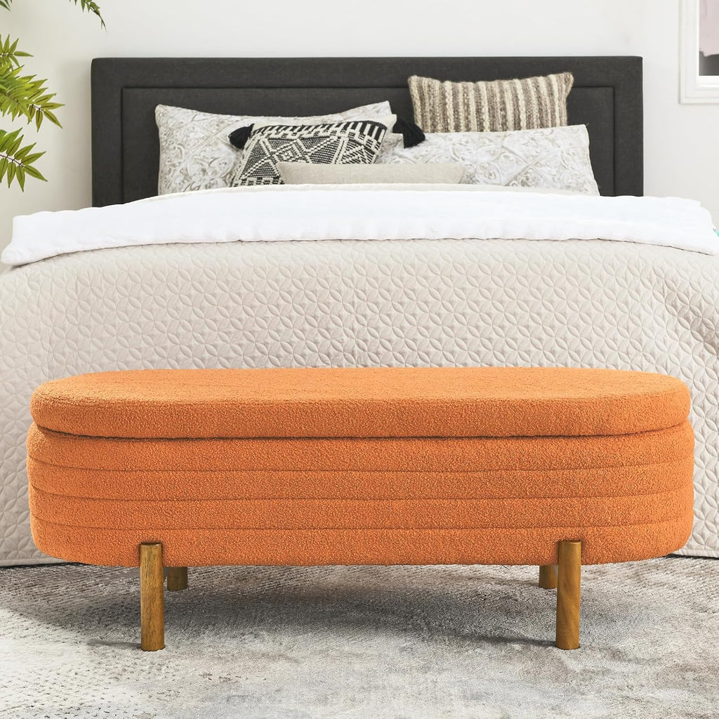Furniliving Modern Storage Ottoman Bench, Sherpa Ottoman End of Bed Bench with Solid Wood Legs Upholstered Ottoman Benches with Storage Indoor Bench for Living Room with Rolled Arm, Entryway, White