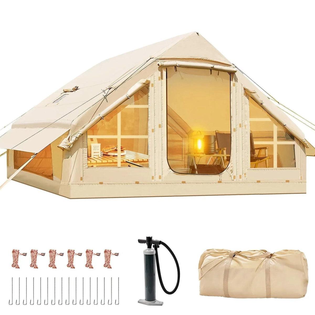 6 Person Inflatable Camping Tent with Pump, 10ft x7ft Glamping Family Tent Easy Setup 4 Season Waterproof Windproof Outdoor Blow Up Tent Luxury Oxford Cabin with Mesh Windows &amp; Doors sgtnighsdesigns
