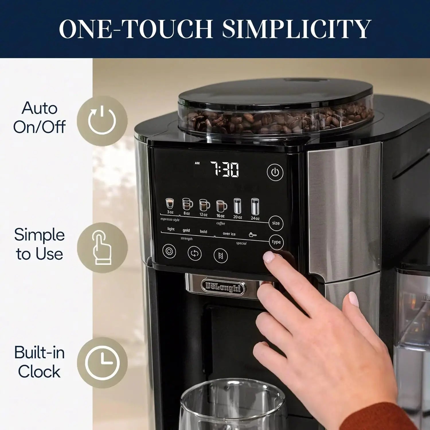 De’Longhi TrueBrew Drip Coffee Maker with Built-in Grinder, Programmable, 6 Brew Sizes, 5 Styles, Stainless Steel, Silver Black