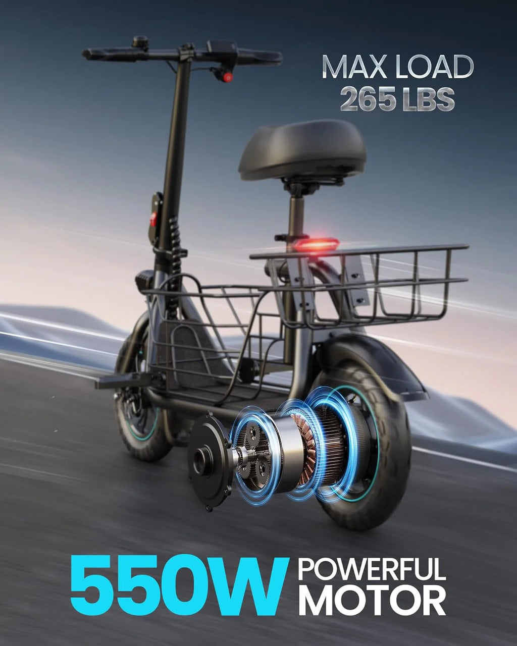 Gyroor Adult Electric Scooter with Large Center Basket, 20 Mile Range, Foldable, and Seat