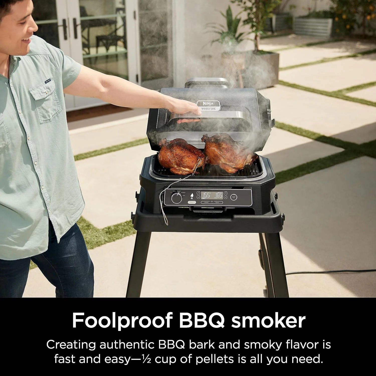 7-in-1 Grill & Smoker with Thermometer, Air Fryer, BBQ, Bake, Roast, Broil - Portable Electric Outdoor Grill, Grey