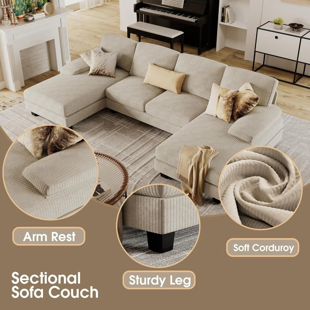 Furmax Sectional Couches for Living Room, U-Shaped Sofa Couch with Linen Fabric, 4 Seat Sofa Set with Double Chaise for Apartment (Fabric, Grey)