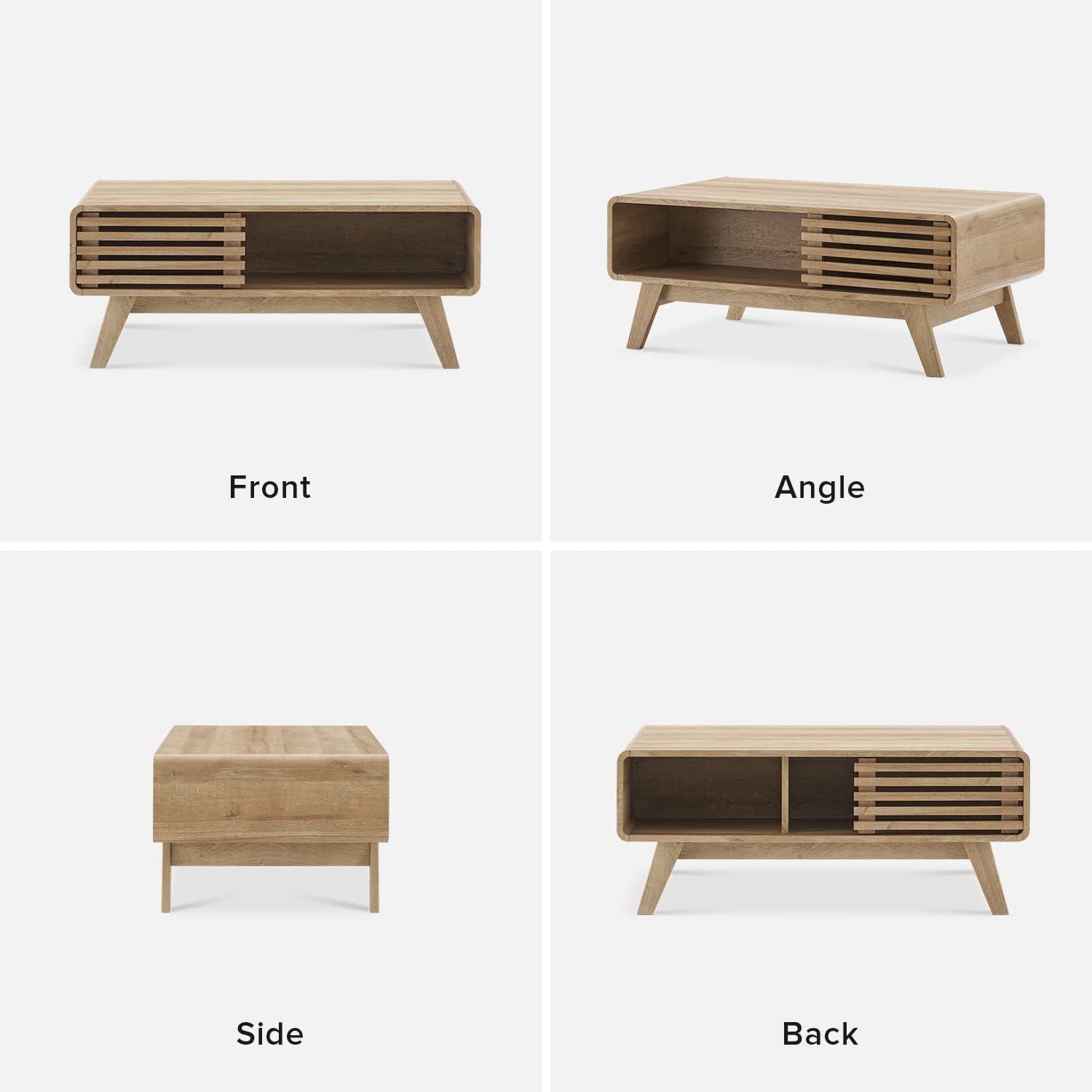 Mopio Ensley Mid Century Modern Rectangle Coffee Table with Dual Storage Shelf, Wood Slat Sliding Door, & Rounded Edge Protection for Living Room, Walnut Grain