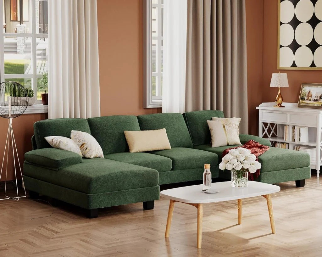 Furmax Sectional Couches for Living Room, U-Shaped Sofa Couch with Linen Fabric, 4 Seat Sofa Set with Double Chaise for Apartment (Fabric, Grey)