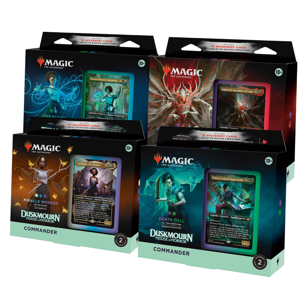 Magic: The Gathering Duskmourn Commander Deck Bundle - 4 Decks, 100 Cards Each, Foil Legendary Creatures, Strategic Multiplayer Play