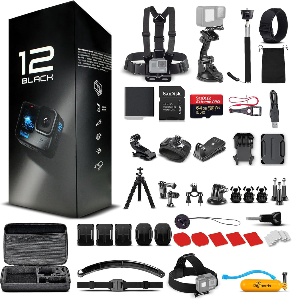 GoPro HERO12 Black Waterproof Action Camera, 5.3K HDR, 27MP, Stabilization, 64GB Card, Accessory Kit Bundle
