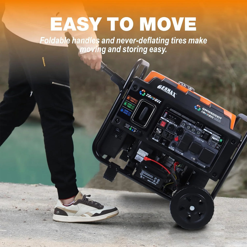 GENMAX 10500 Peak Watt Tri Fuel Open Frame Inverter Generator,with ATS,Quiet Technology,CO Sensor,digital display and 50A,Ideal for Home backup,contruction site and RV Camping (GM10500XiT)