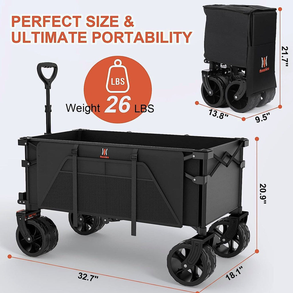 Navatiee Collapsible Folding Wagon Beach Wagon Cart Heavy Duty Foldable with Big Wheels Utility Grocery Wagon with Side Pocket and Brakes for Camping Garden Sports T1