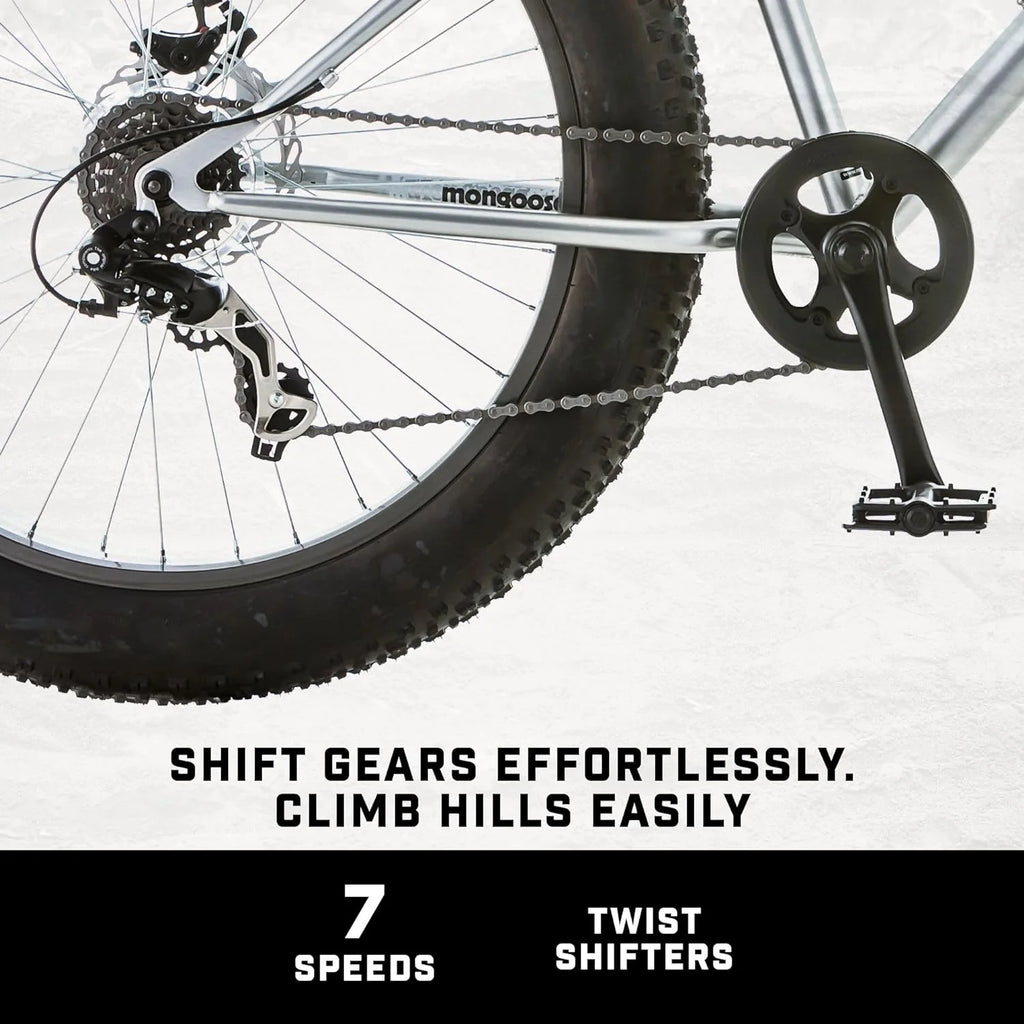 Malus Mens and Women Fat Tire Mountain Bike, 26-Inch Bicycle Wheels, 4-Inch Wide Knobby Tires, Steel Frame, 7 Speed Drivetrain, Shimano Rear Derailleur, Disc Brakes
