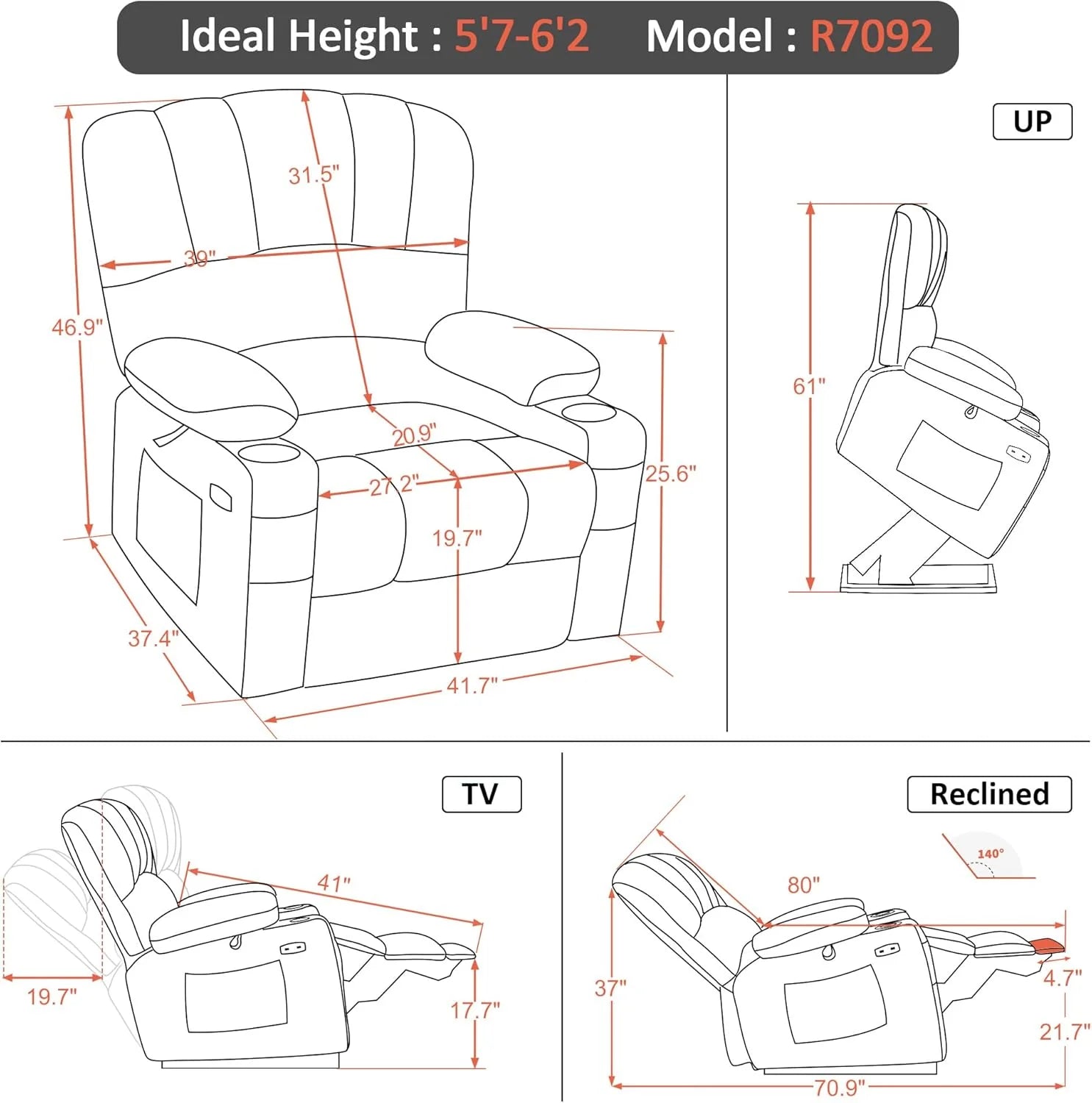 Heated Lift Recliner for Seniors with USB & Cup Holders