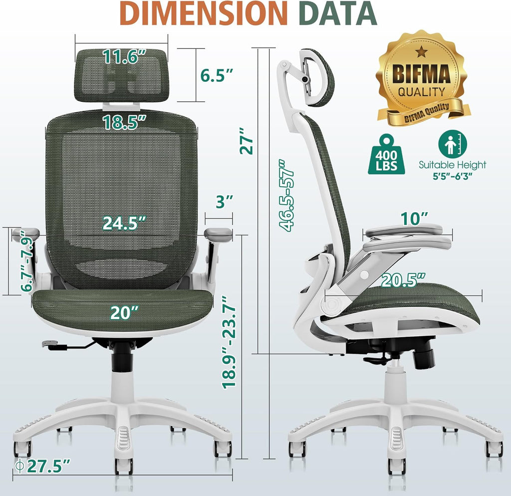 GABRYLLY Ergonomic Office Chair, High Back Home Desk Chair with Headrest, Flip-Up Arms, 90-120° Tilt Lock and Wide Cushion, Big and Tall Mesh Chairs for Man Woman, Black Task Chair