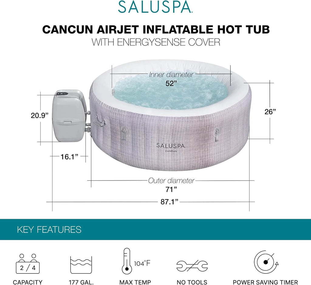 Bestway SaluSpa Fiji AirJet Large Round 2 to 4 Person Inflatable Hot Tub Portable Outdoor Spa with 120 AirJets and EnergySense Cover, Grey
