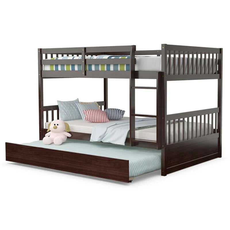 Solid Wood Full Over Full Bunk Bed Frame With Trundle Safety Ladder Amp Guardrails Convertible Bunk Bed For Kids Teens