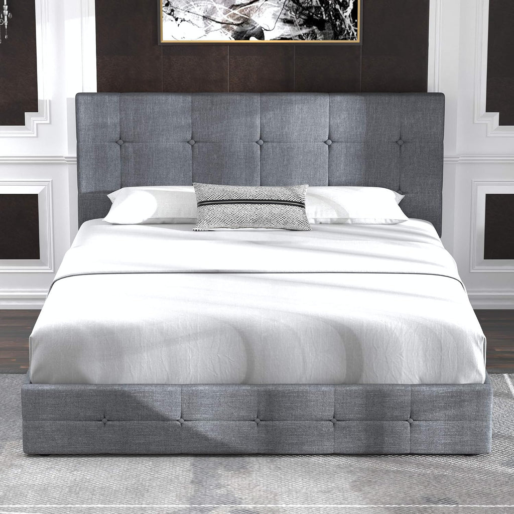 Allewie Upholstered Queen Size Platform Bed Frame with 4 Storage Drawers and Headboard, Square Stitched Button Tufted, Mattress Foundation with Wooden Slats Support, No Box Spring Needed, Light Grey