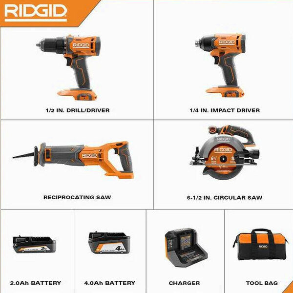 18V Cordless 4-Tool Combo Kit with 4.0 Ah Battery, 2.0 Ah Battery, Charger, Bag and 18V Drywall Cut-Out Tool