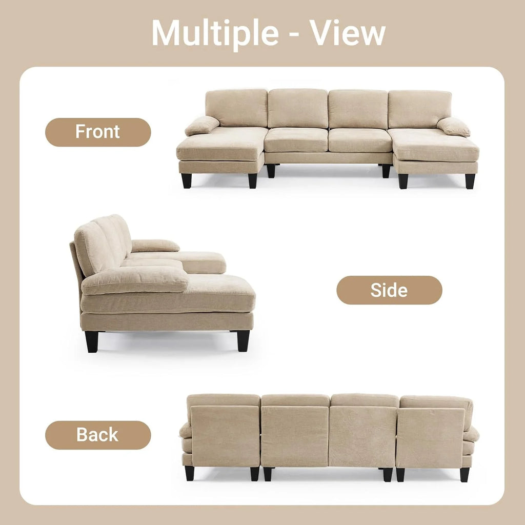 VINGLI 110" Sectional Couches for Living Room,U Shaped Couch with Double Chaise, 4-Seat Sofa Set with Chenille Fabric for Home Furniture,Beige