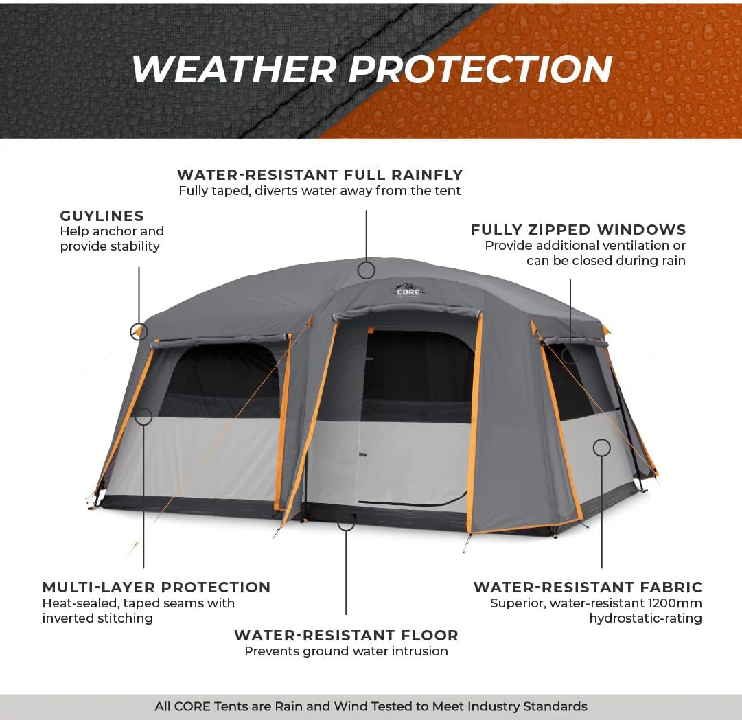 CORE Straight Wall Cabin Tents | 10 Person / 11 Person / 12 Person Large Multi Room Family Tents for Car Camping & Outdoor Adventures