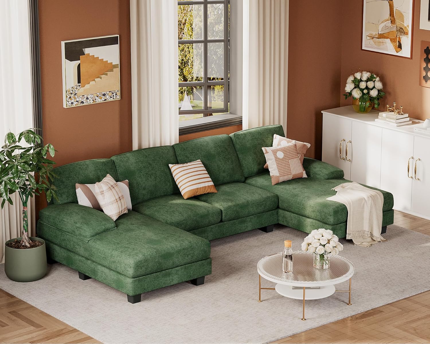 JUMMICO Sectional Couches for Living Room, U Shaped Couch with Chenille Fabric, 4 Seat Modern Sofa with Removable Pillows for Apartment and Small Space (Fabric, Grey)