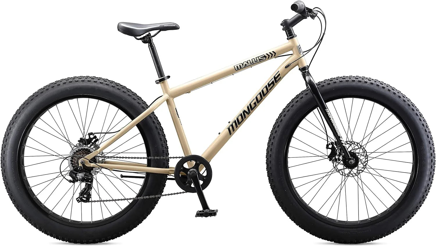 Malus Mens and Women Fat Tire Mountain Bike, 26-Inch Bicycle Wheels, 4-Inch Wide Knobby Tires, Steel Frame, 7 Speed Drivetrain, Shimano Rear Derailleur, Disc Brakes