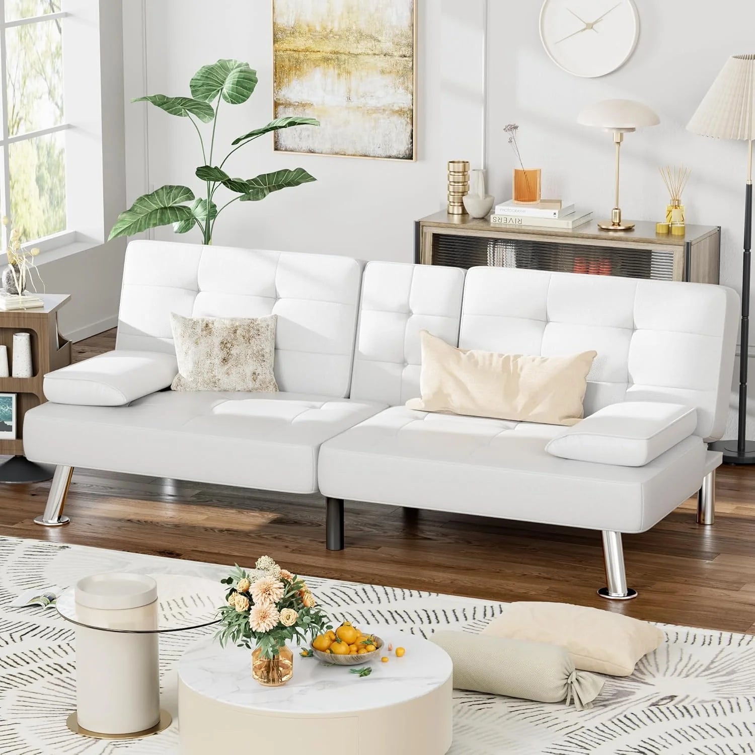 Homall Futon Sofa Bed, Leather Futon Couch with Removable Armrests, Adjustable Recliner Sleeper Sofa Bed with Dual Cup Holders for Living Room, Apartment, Office (Black)