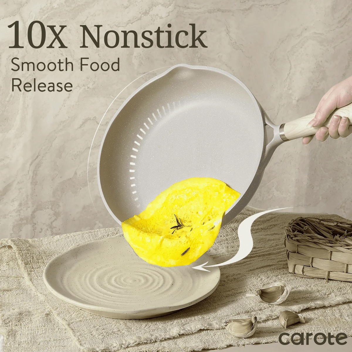 Carote 21-Piece Nonstick Cookware Set, Eco-Friendly Granite, Induction Compatible, Beige