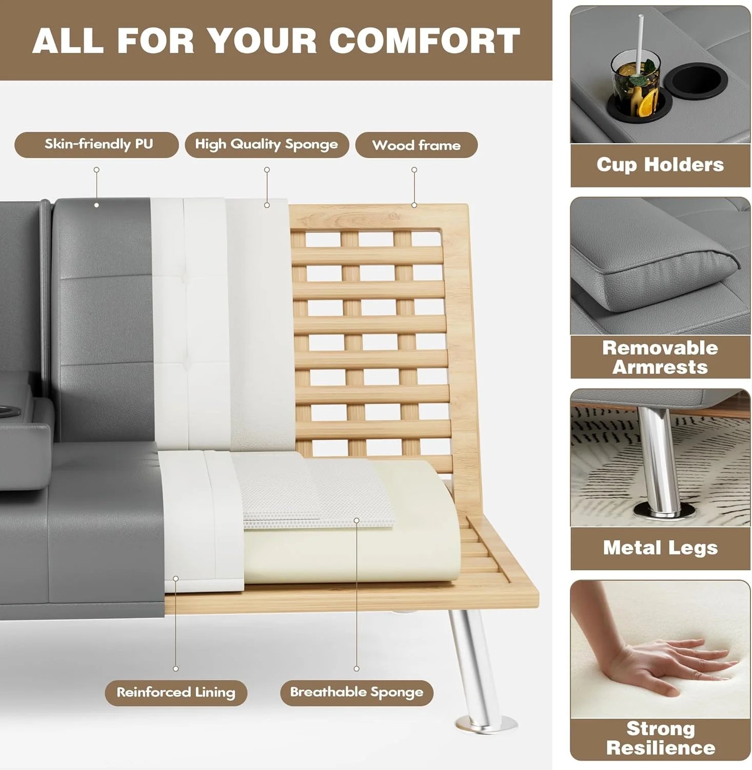 Homall Futon Sofa Bed, Leather Futon Couch with Removable Armrests, Adjustable Recliner Sleeper Sofa Bed with Dual Cup Holders for Living Room, Apartment, Office (Black)