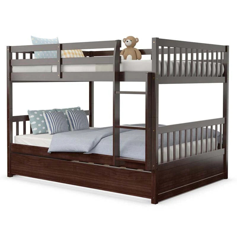 Solid Wood Full Over Full Bunk Bed Frame With Trundle Safety Ladder Amp Guardrails Convertible Bunk Bed For Kids Teens