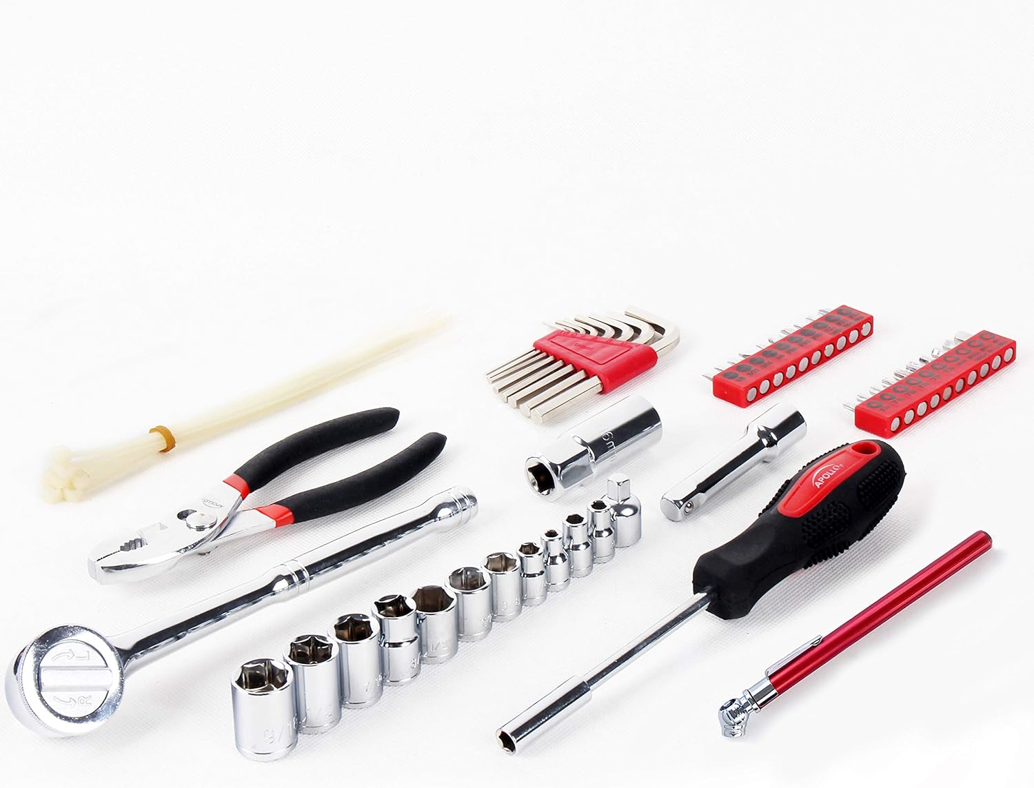 Apollo Tools 56-Piece SAE Compact Auto Tool Set with Zippered Case for Car and Motorcycle Repair - Red