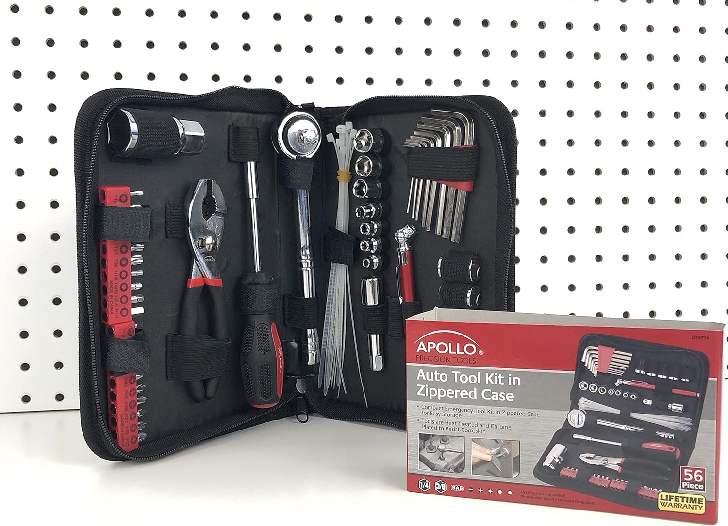 Apollo Tools 56-Piece SAE Compact Auto Tool Set with Zippered Case for Car and Motorcycle Repair - Red