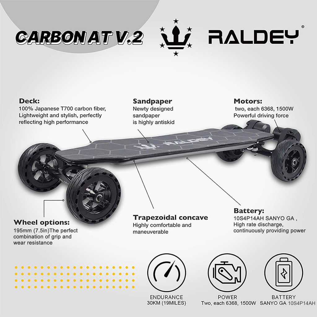 AT V.2 Carbon Fiber Electric Skateboard - Off-Road, All Terrain, 28MPH, 19-Mile Range, 3000W Dual Motor, Black, for Adults & Teens
