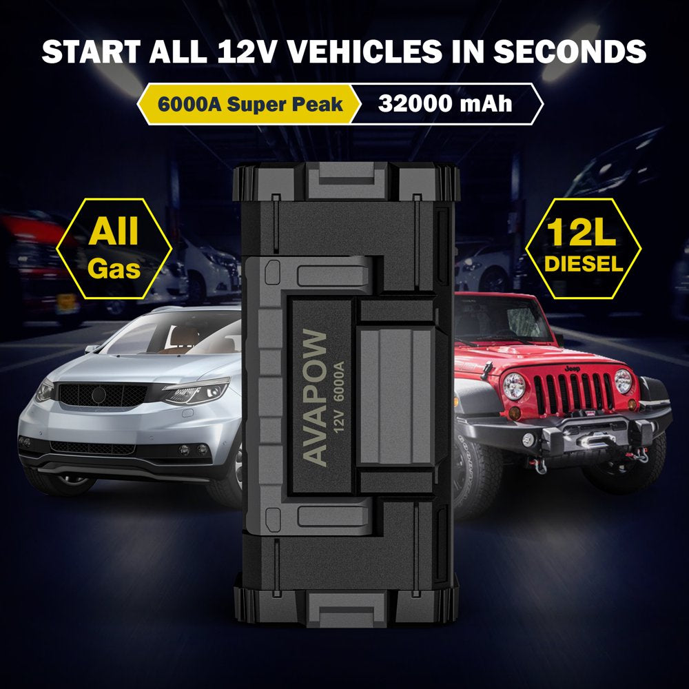 AVAPOW 6000A Car Battery Jump Starter, Dual USB Quick Charge, LED Light, 12V Portable Power Pack