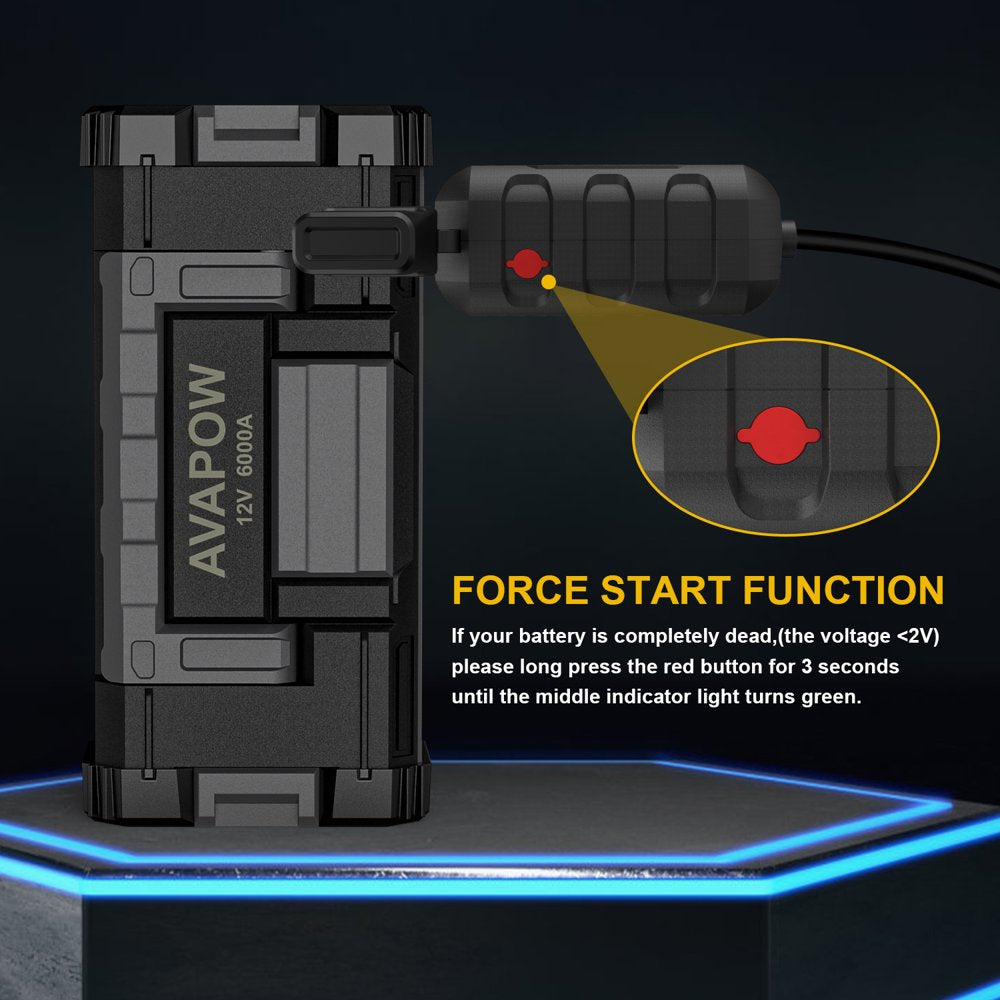 AVAPOW 6000A Car Battery Jump Starter, Dual USB Quick Charge, LED Light, 12V Portable Power Pack