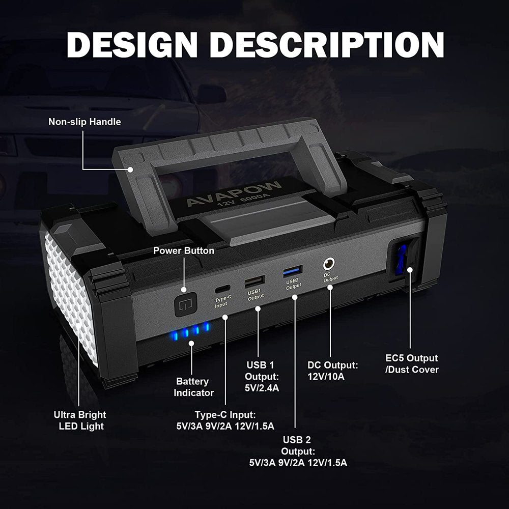 AVAPOW 6000A Car Battery Jump Starter, Dual USB Quick Charge, LED Light, 12V Portable Power Pack