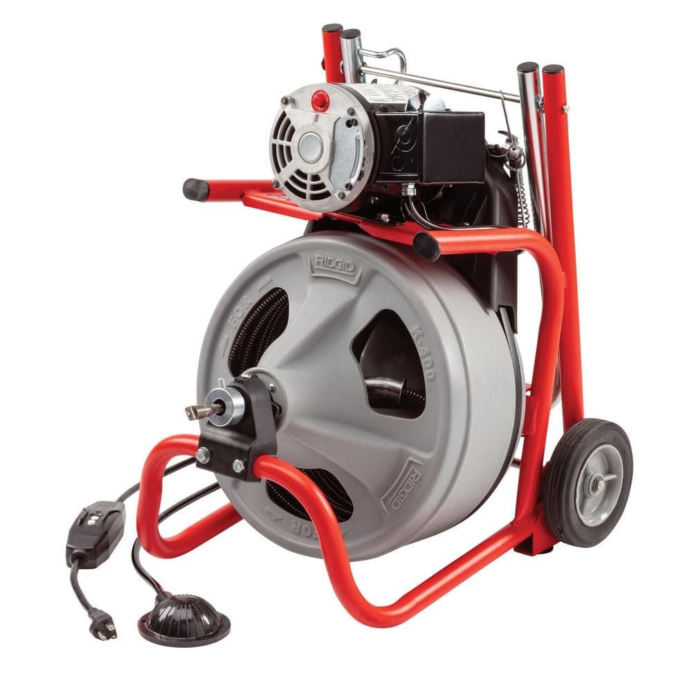 K 400 Drain Cleaning Snake Auger 120 Volt Drum Machine with C 32IW 3/8 in. x 75 ft. Cable 4 Piece Tool Set & Gloves 52363