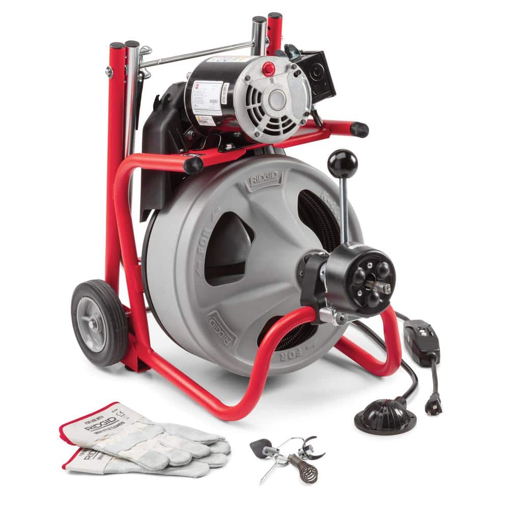 K 400 Drain Cleaning Snake Auger 120 Volt Drum Machine with C 32IW 3/8 in. x 75 ft. Cable 4 Piece Tool Set & Gloves 52363