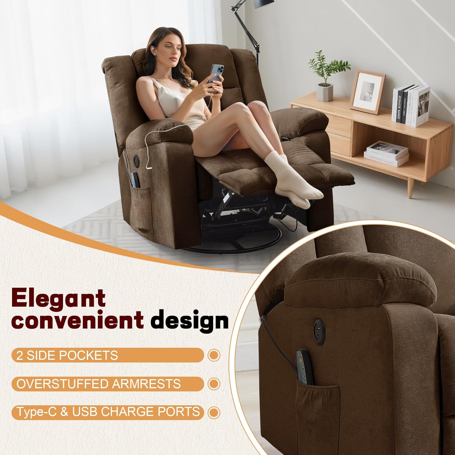 Rocker Recliner, Glider Recliner Chairs for Adults, 360° Swivel Rocking Chair with Massage and Heating, Nursery Chair with Storage and USB Charging for Living Room, Bedroom, Nursery