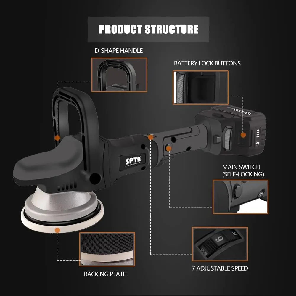 18V Cordless Car Polisher, 15mm Orbit 2000-4800 OPM Portable Buffer Polisher with 7 Variable Speed 2Pcs 4.0Ah Battery, 6 Sponge Pads,2 Wool Pad, Tool Bag for Car Polishing, Waxing