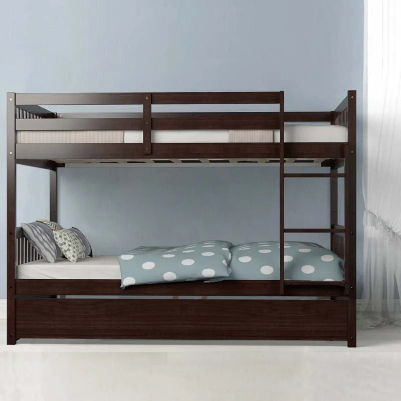 Solid Wood Full Over Full Bunk Bed Frame With Trundle Safety Ladder Amp Guardrails Convertible Bunk Bed For Kids Teens
